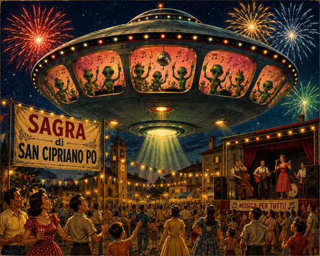 disco volante con alieni che ballano sopra la sagra di paese di san cipriano po piena di gente